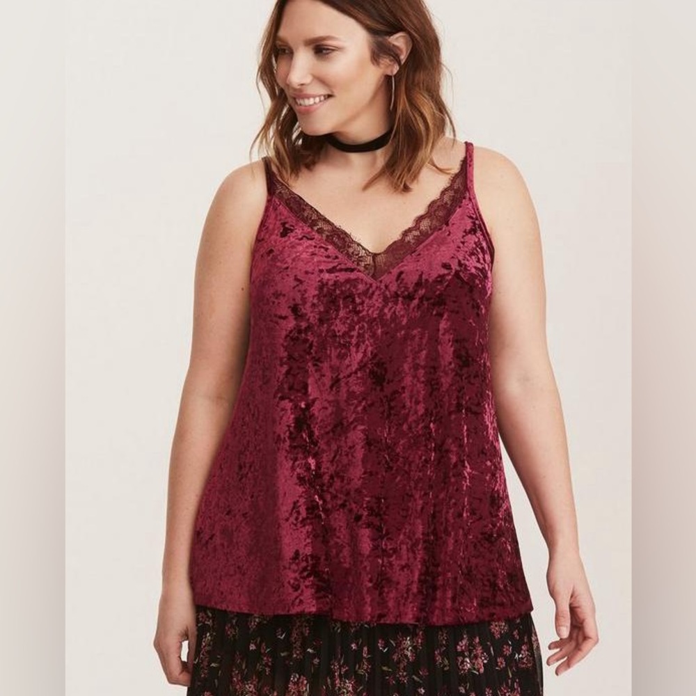 torrid Crushed Velvet Lace-Trim Tank Top in Burgundy - Picture 1 of 5